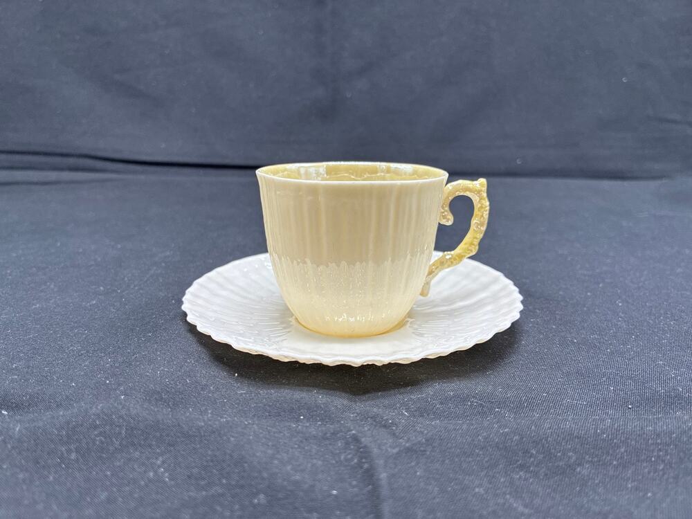 Belleek Ireland Limpet Yellow Demitasse Cup Saucer Irish Porcelain 1965-80 Vtg